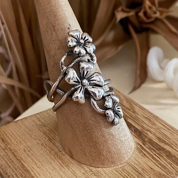 Sterling Silver Cascading Flowers Ring, Statement Ring, Silver Ring, Boho Ring - Picture 2 of 7